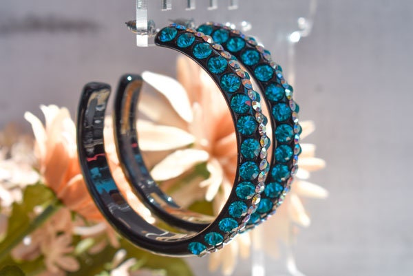 Three Row Black Statement Acrylic Lucite AB/Teal Rhinestones 2.5" Women's Hoop Earrings Pageant Weddings Night Out