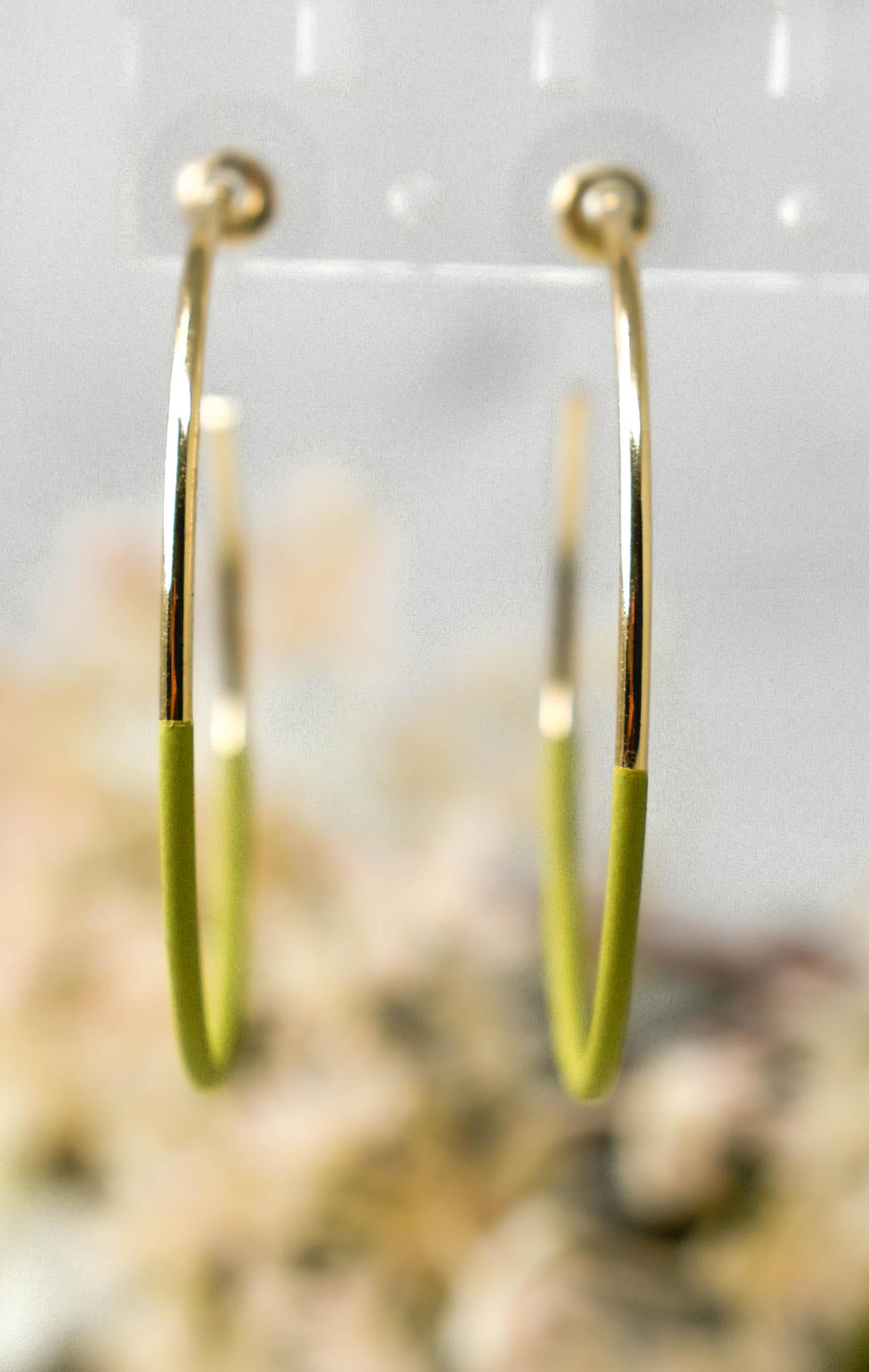 Bohemian Lightweight 1.75" Gold Tone Hoop Earrings Featuring Part Olive Green Matte Coating Midway Summer Fashion Classic Earrings