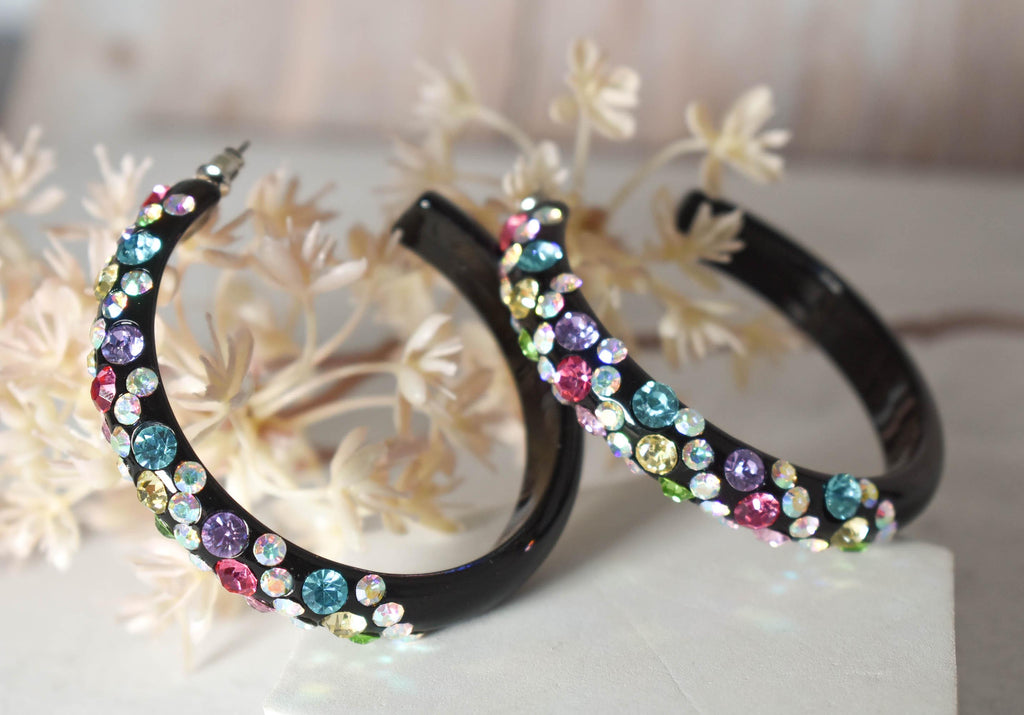 Bling Black Diagonal Pattern Statement Acrylic Lucite Light Tone Multicolor 2.5" Women's Hoop Earrings Pageant Weddings Night Out