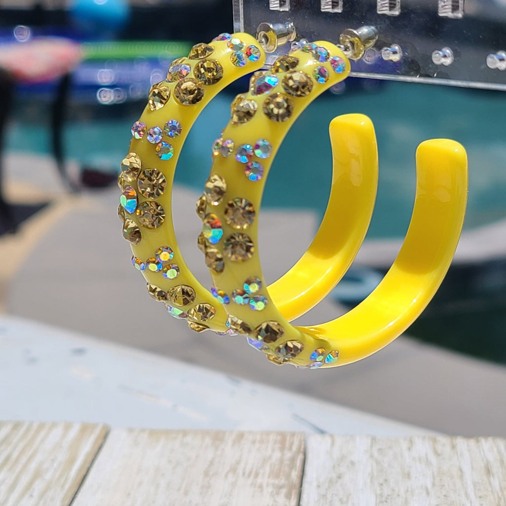 Yellow Floral Flower Pattern Statement Acrylic Lucite Clear/Yellow Rhinestones 2" Women's Hoop Earrings Pageant Weddings Night Out