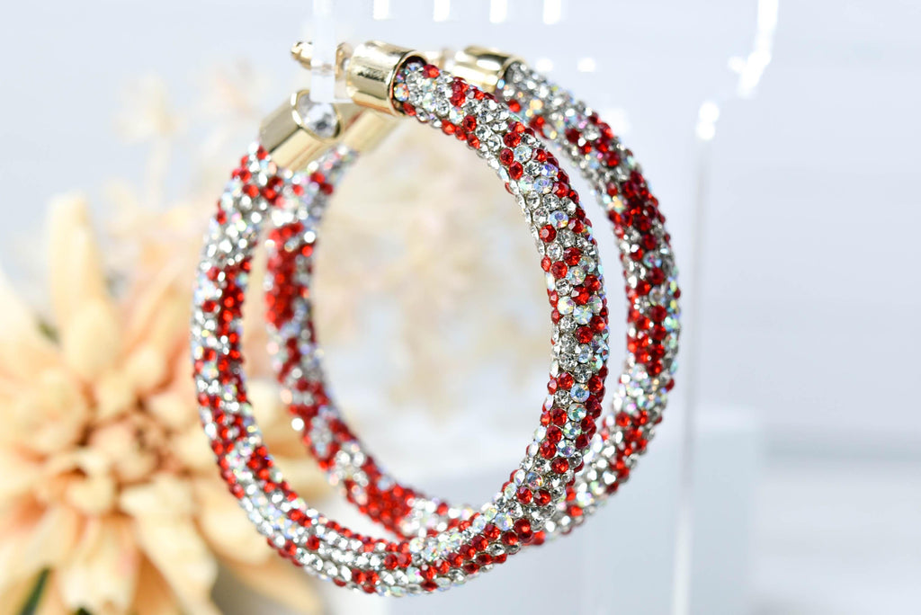 2.5" Ladies Bohemian Multi Tone Red  Clear Rhinestone Sparkle Wrap Pave Open Hoop Earrings Stone Accent Women Party Night Out Bling