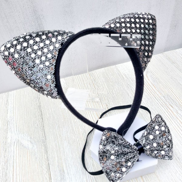 Halloween Costume Cosplay Sequin Style Silver/Black Cat Ears Headband and Matching Bow Tie Kids Adults Dress Up