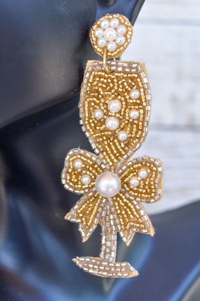 Bachelorette Bridal Shower Statement Gold Color Seed Bead Bow Accent Champagne Flute Glass Dangle Drop Earrings Women Weddings Bride