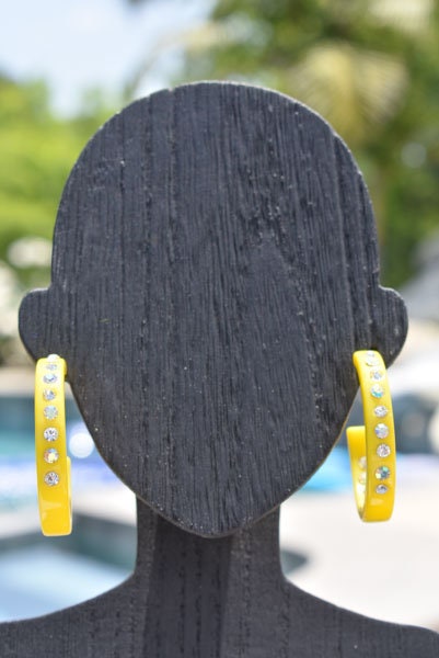 Yellow Color Single Row Bling Statement Lucite White Inner & Outer Rhinestones 2" Women's Hoop Earrings Pageant Weddings Night Out